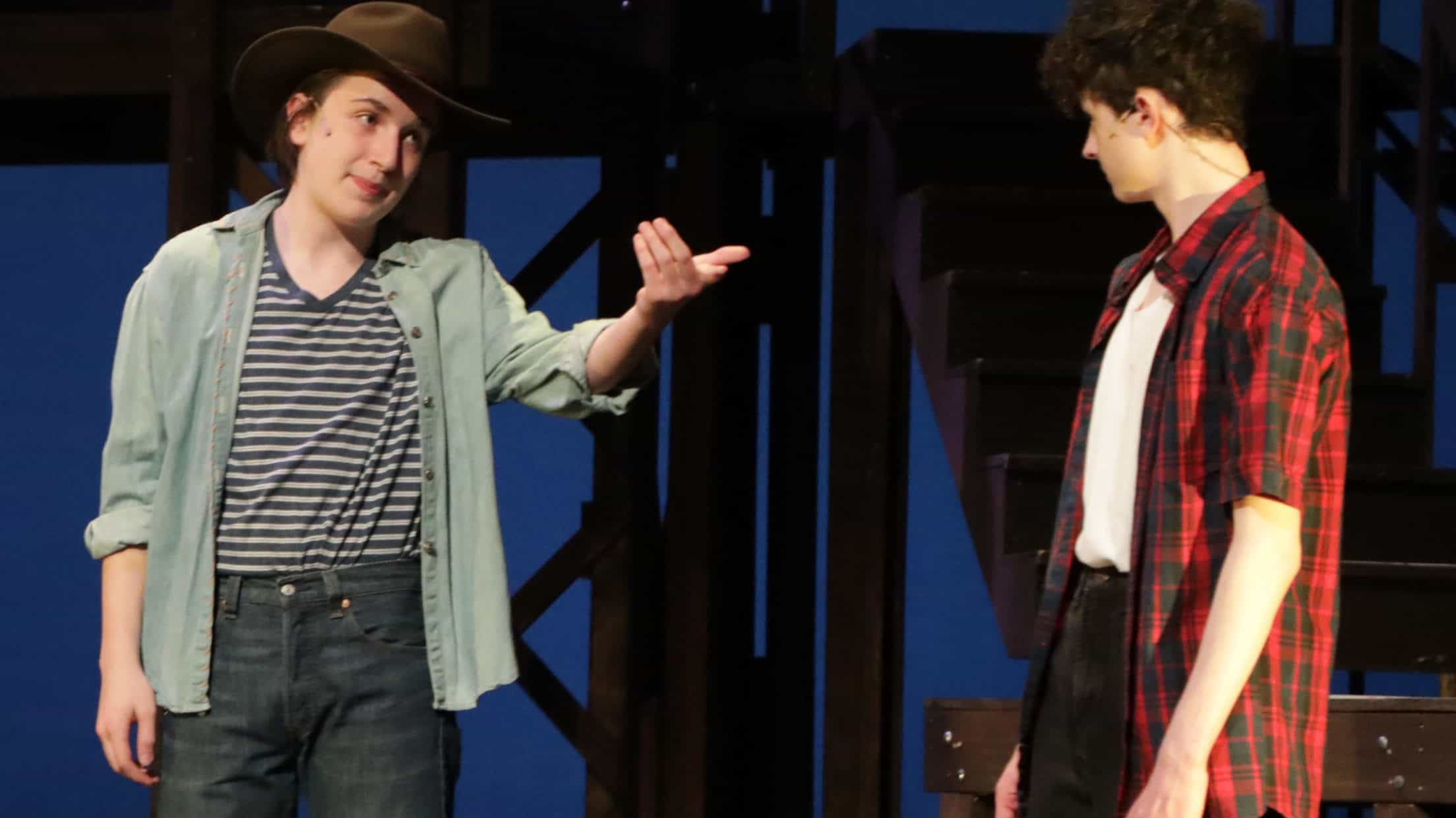 Brendan Bayles as Willard Hewitt gives Alex Boyd encouragement and advice in Footloose with the Berkshire Theatre Group. Press photo courtesy of BTG.