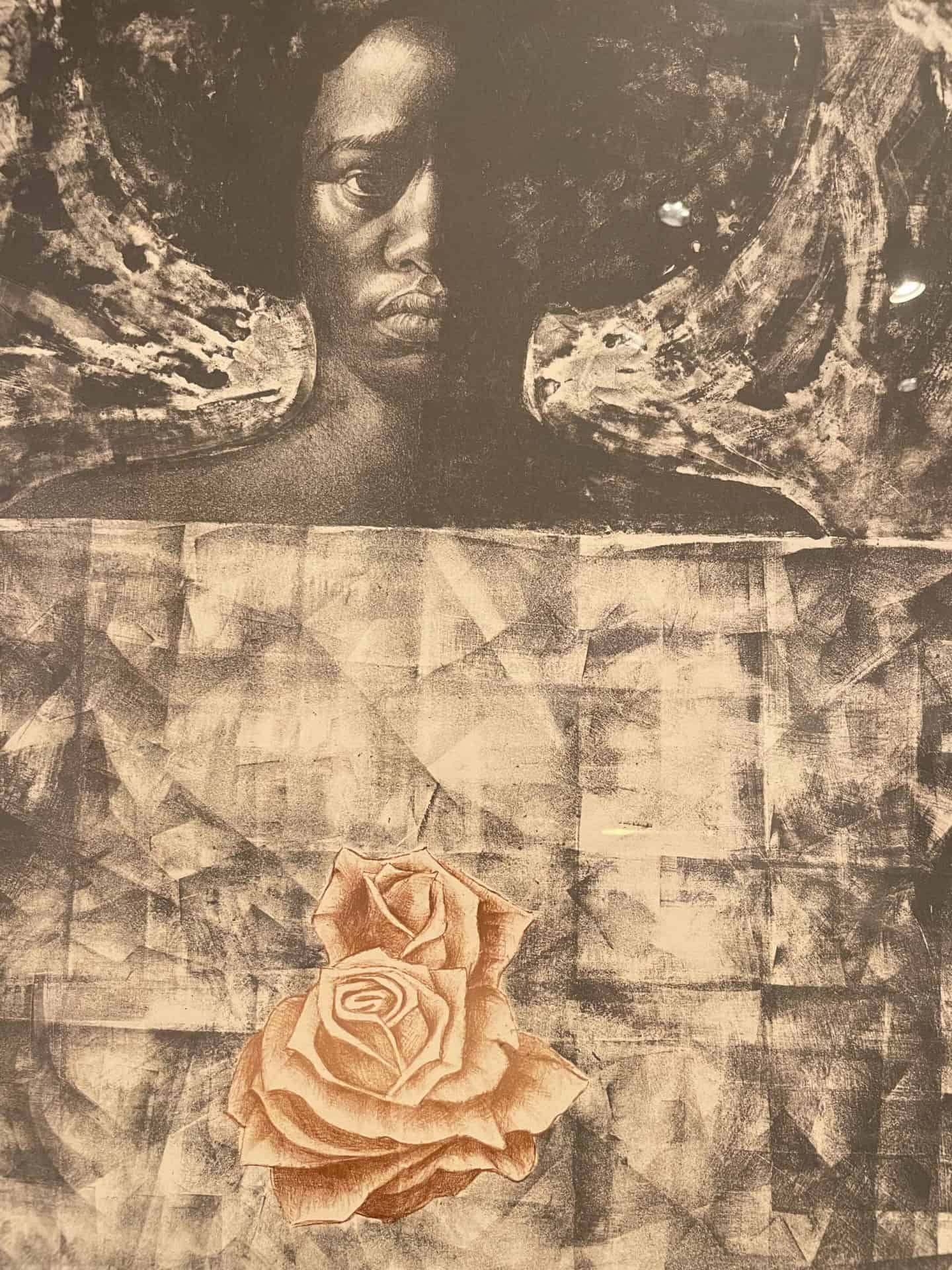 A woman looks squarely and somberley out above a red rose in Charles White's Love Letter #1, a tribute for Civil Rights activist Angela Davis. Press image courtesy of the Norman Rockwell Museum