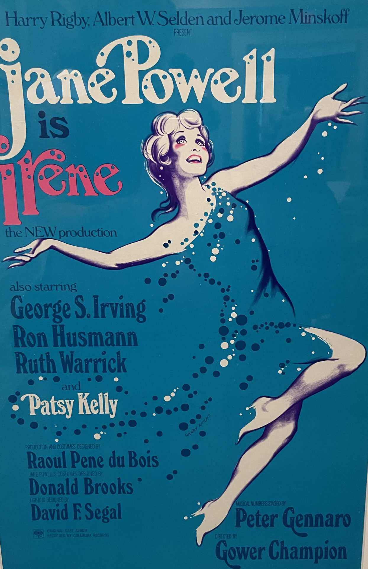 A Broadway poster shows Jane Powell dancing and singing in the musical Irene.