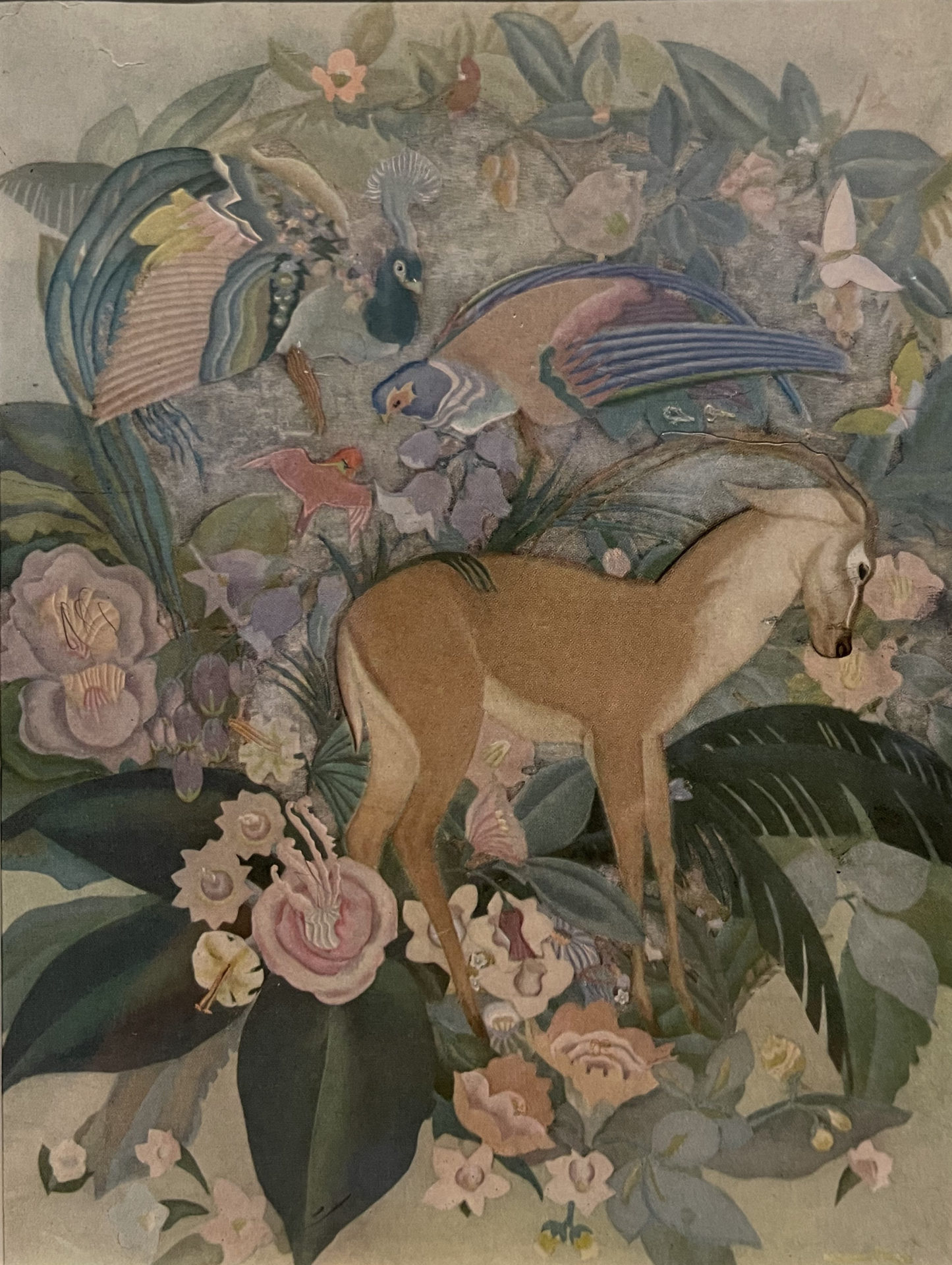 A painting of an antelope in a rich forest of creatures and flowers appears among Hilary the works of artists who inspired him, including his mother, the artist Katherine Sturges. Press image courtesy of the Norman Rockwell Museum