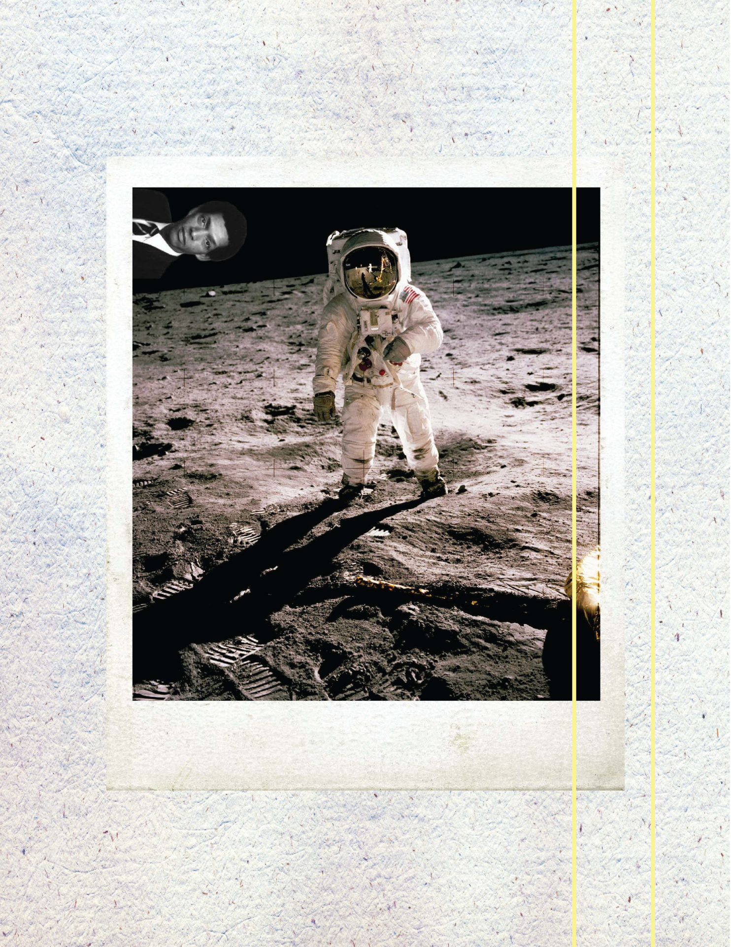 An image of George Carruthers, the scientist who invented the photographic process that captured images of the moon's surface, overlies a photograph from the moon landing. Press image courtesy of the artist