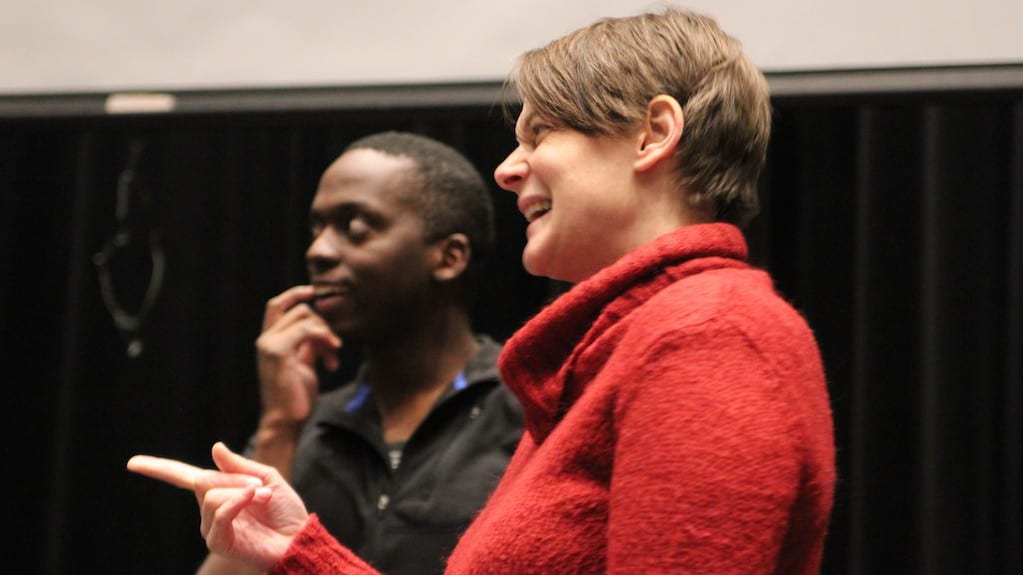 Kristen van Ginhoven, director of WAM Theatre, laughs with JV Hampton VanSant. Press photo courtesy of WAM Theatre