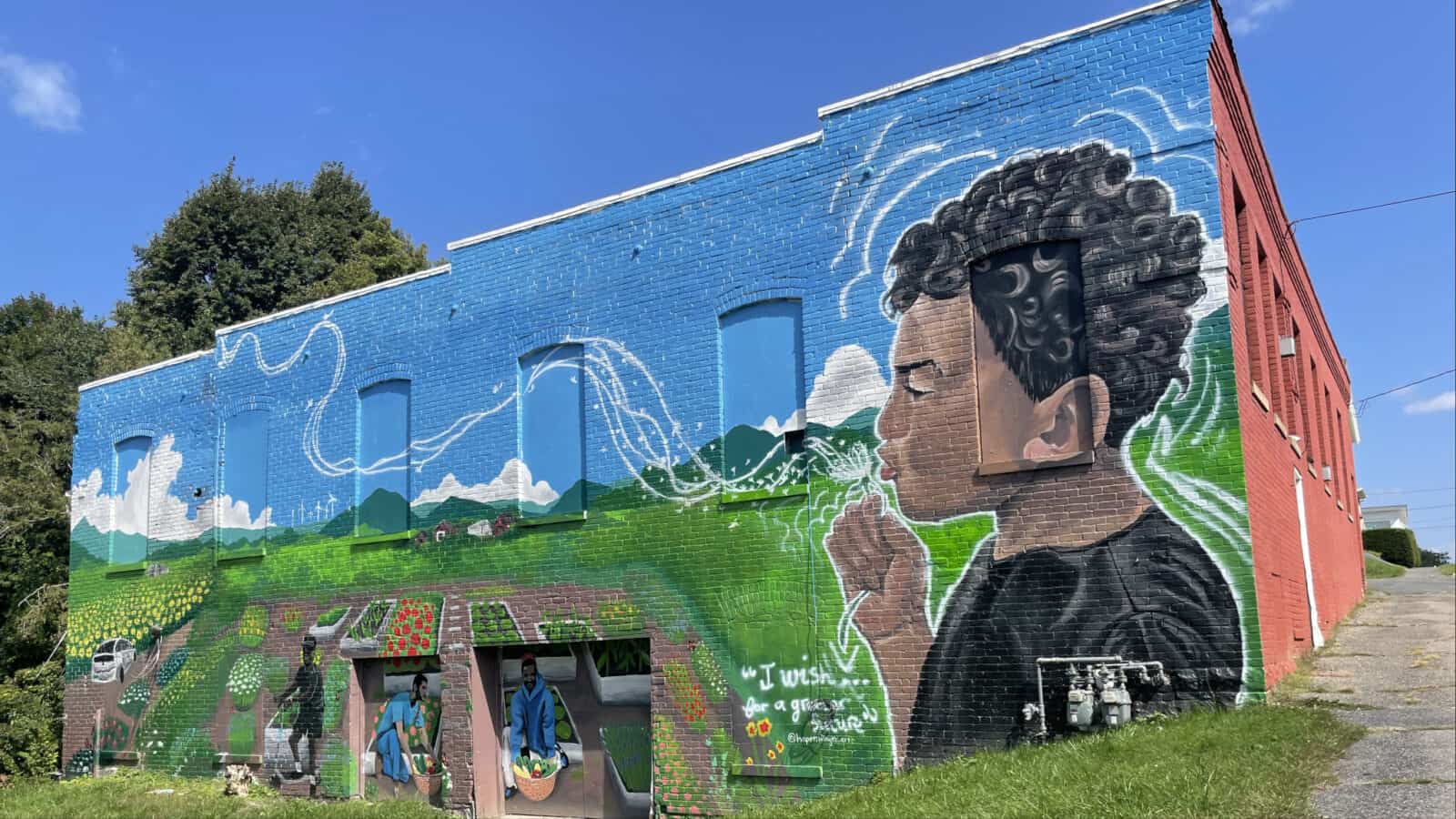 A boy blows a dandelion clock, letting the seeds fly in a wish for a greener future, in a mural near Riverside Park in Pittsfield.