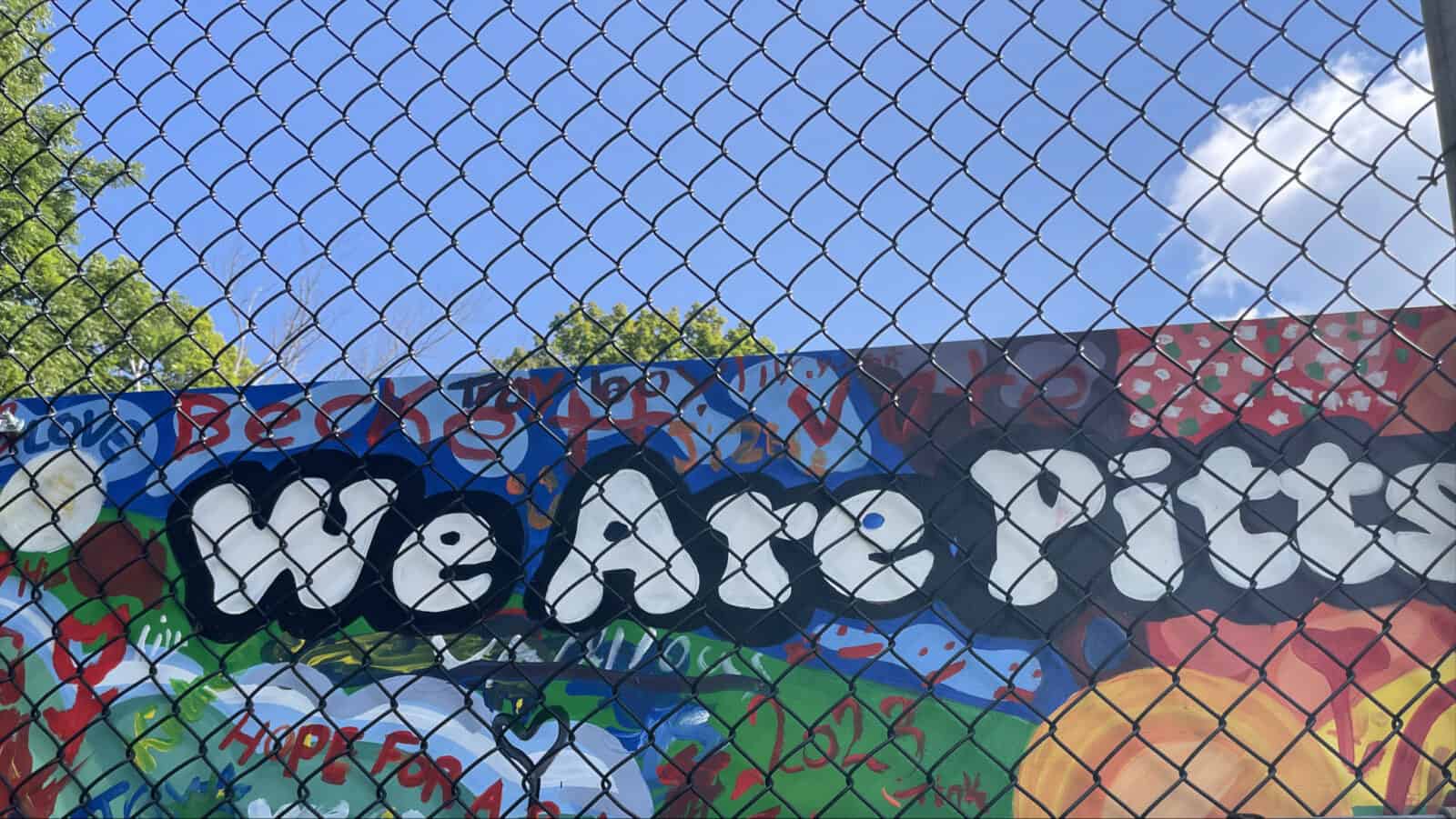 Pittsfield artists have painted murals in Dunham Park including a vividly colorful celebration that reads 'We are Pittsfield,' overlaid by the chain-link fence around the tennis court.