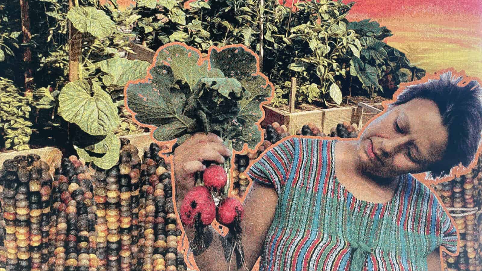 Carolina Caycado's woven portraits celebrate women activists who care for the land and their families and communities — including from her series ‘We Save Our Seeds for the Following Season’ and a self-portrait in her own garden, with corn and ripe tomatoes.