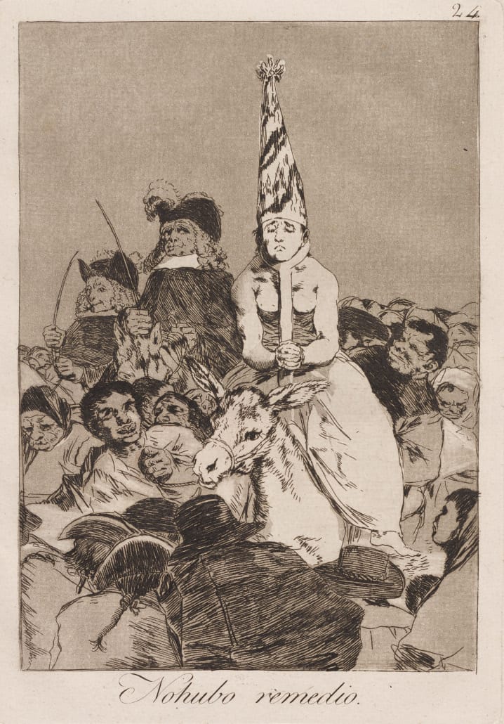 A rider on a donkey suffers at the hands of the Spanish Inquisition in Fransisco de Goya's etching No Hubo Remedio, There Is No Remedy. Press image courtesy of the Clark Art Institute