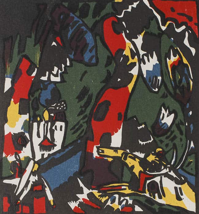 Vassily Kandinsky's woodblock print of The Archer suggests steep gorges and a rider speeding toward a castle in pulsing color. Press image courtesy of the Clark Art Institute