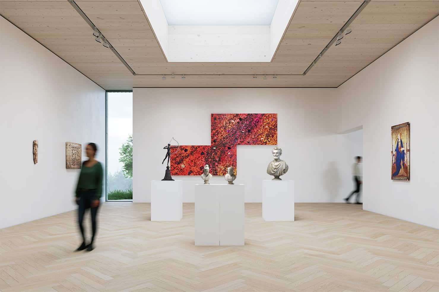 A rendering from Brooklyn architectural firm SO-IL imagines the new Williams College Museum of Art — which has not yet been built — with sunlight illuminating a gallery of bright paintings. Press photo courtesy of WCMA