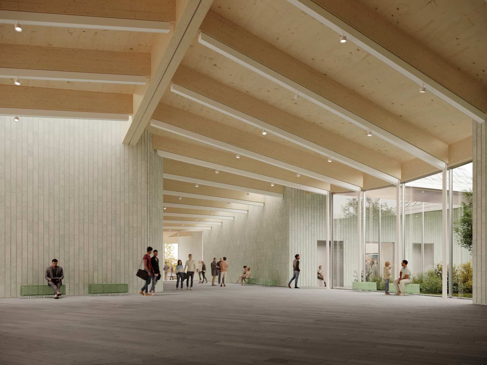 A rendering from Brooklyn architectural firm SO-IL imagines the new Williams College Museum of Art as people meet in a wide lobby on the edge of indoors and outside. Press photo courtesy of WCMA