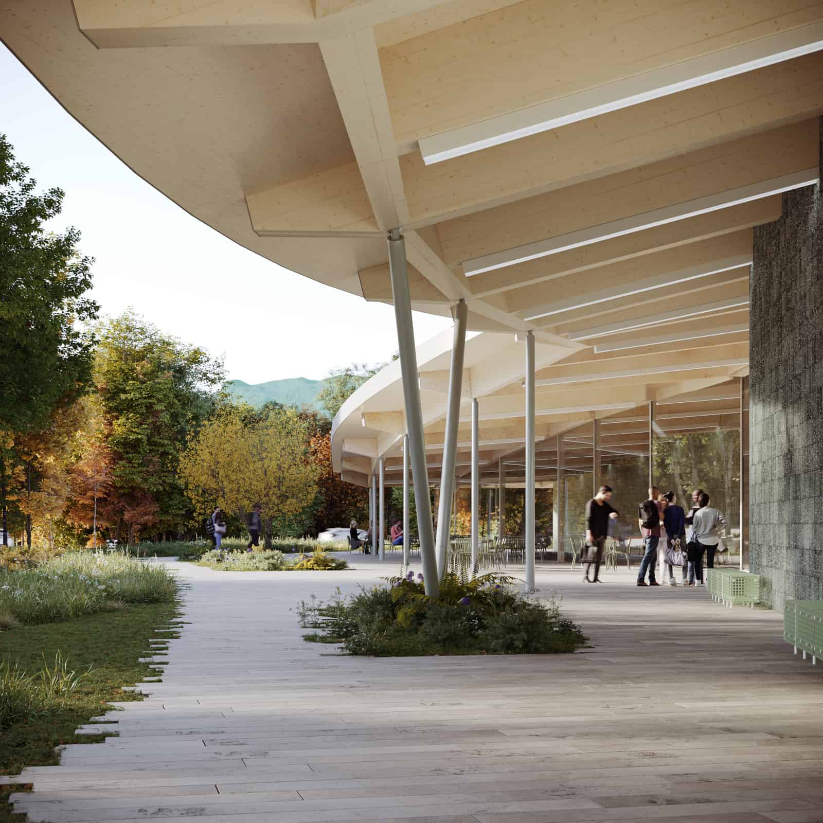 A rendering from Brooklyn architectural firm SO-IL imagines the new Williams College Museum of Art — which has not yet been built — as it can look from the wide porch at the entrance in the fall. Press photo courtesy of WCMA