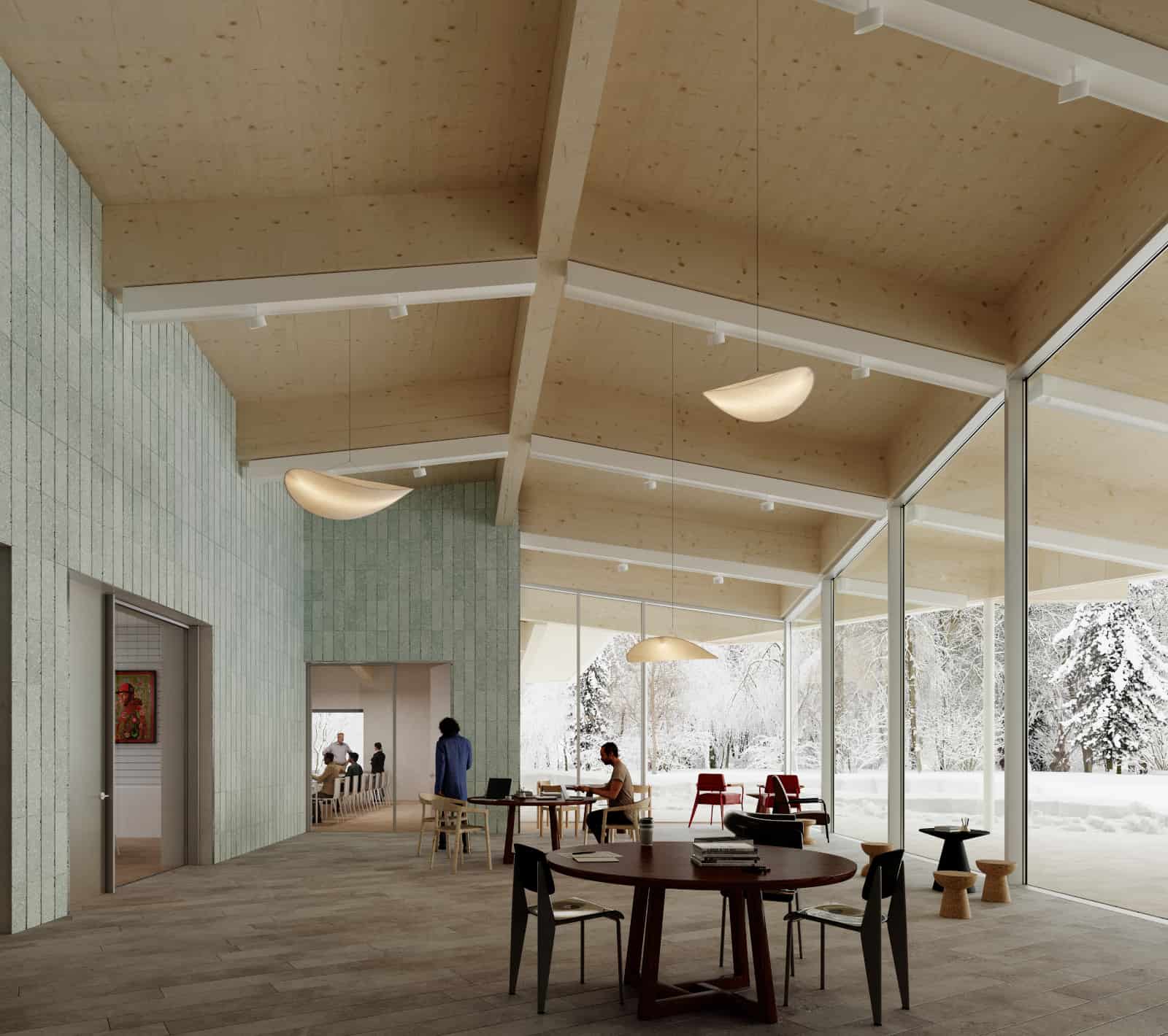 A rendering from Brooklyn architectural firm SO-IL imagines the new Williams College Museum of Art — which has not yet been built — with students meeting in the study center. Press photo courtesy of WCMA