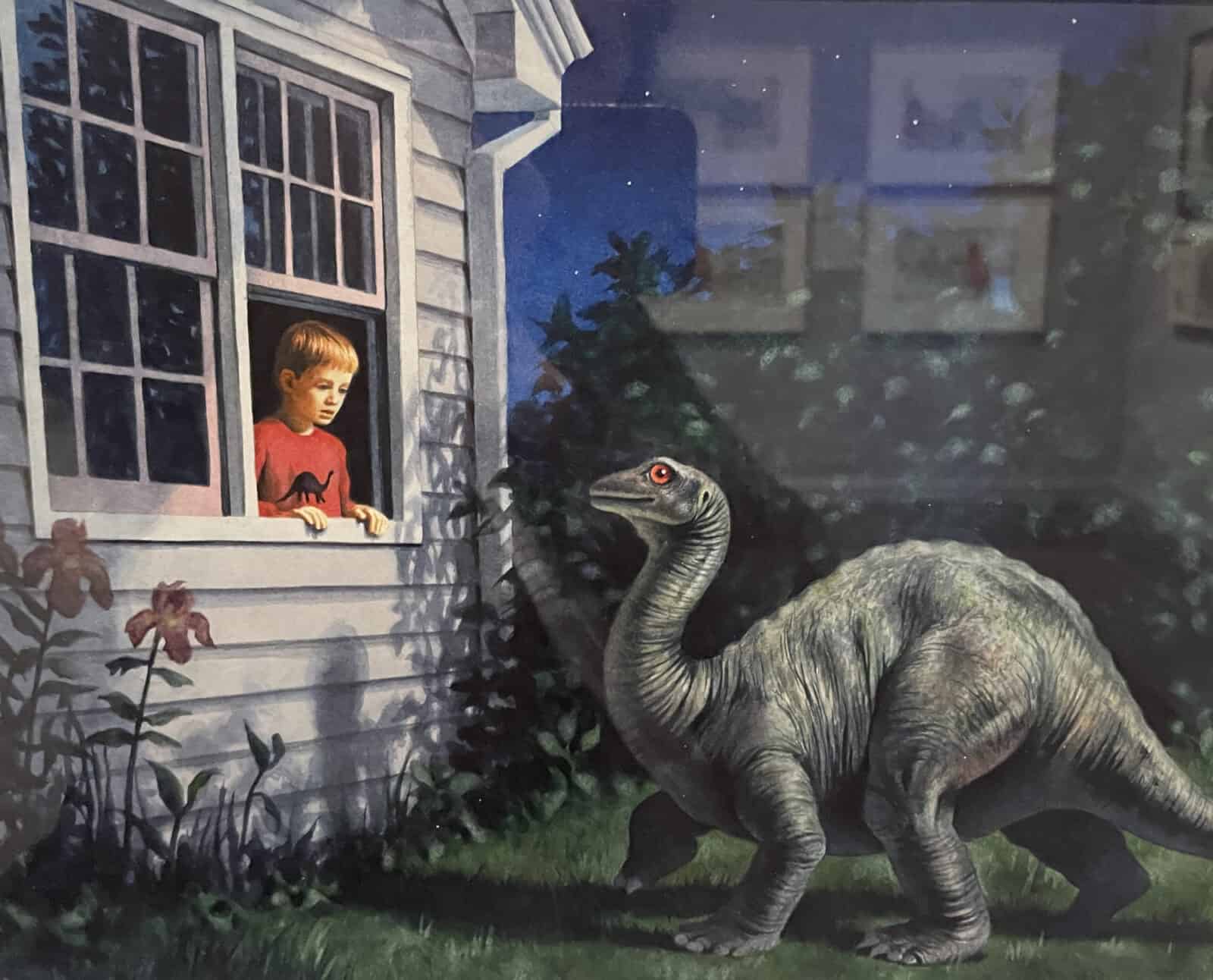 A boy looking out his window sees a baby apatosaurus on the lawn in Dennis Nolan's Dinosaur Dream. Press image courtesy of the Norman Rockwell Museum