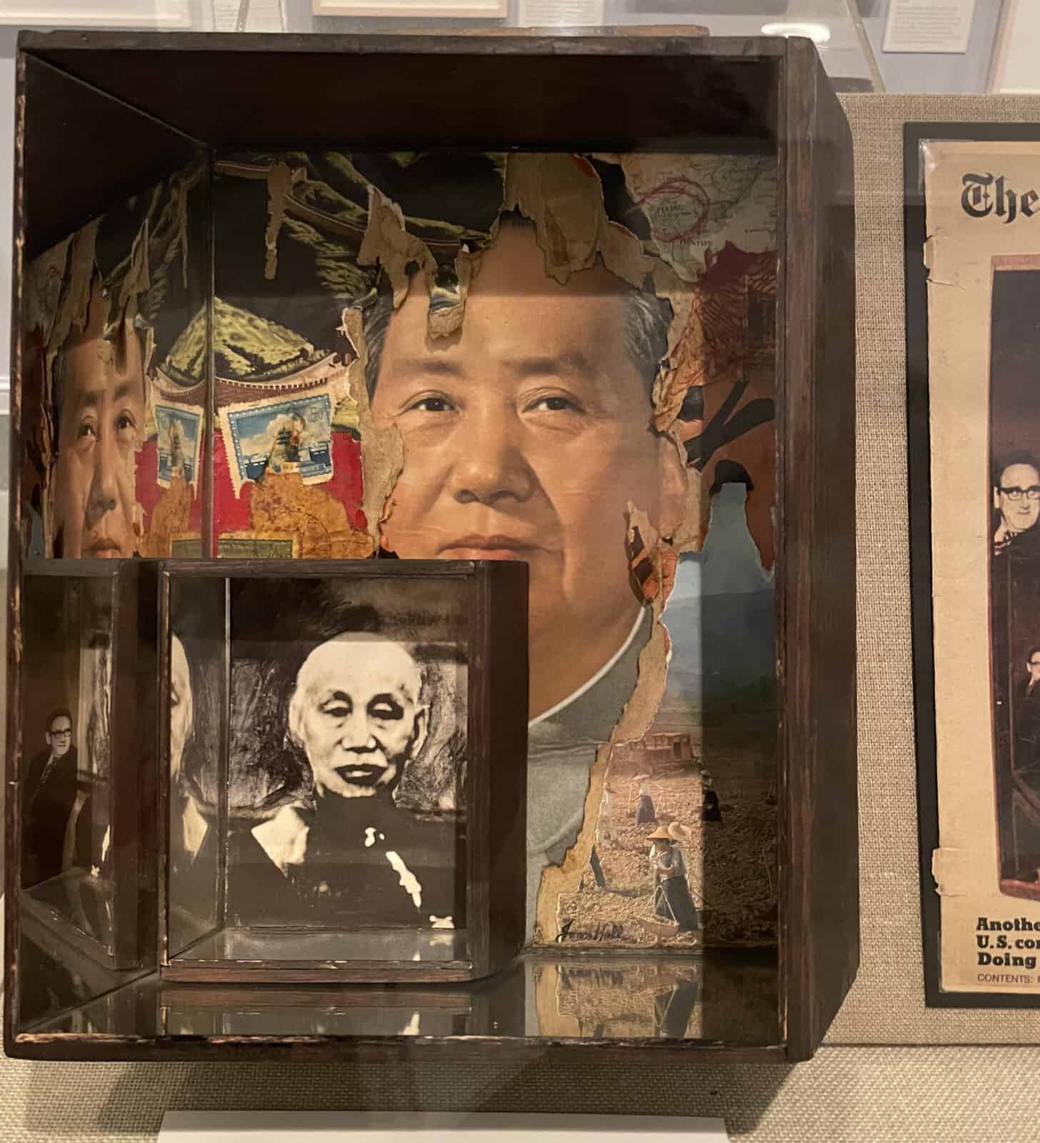 Joan Hall's collage artwork, 'Another U.S. Committment: Doing it with mirrors,' explores changing leadership in China, in an image that appeared on the front page of the New York Times in 1975.Press image courtesy of the Norman Rockwell Museum
