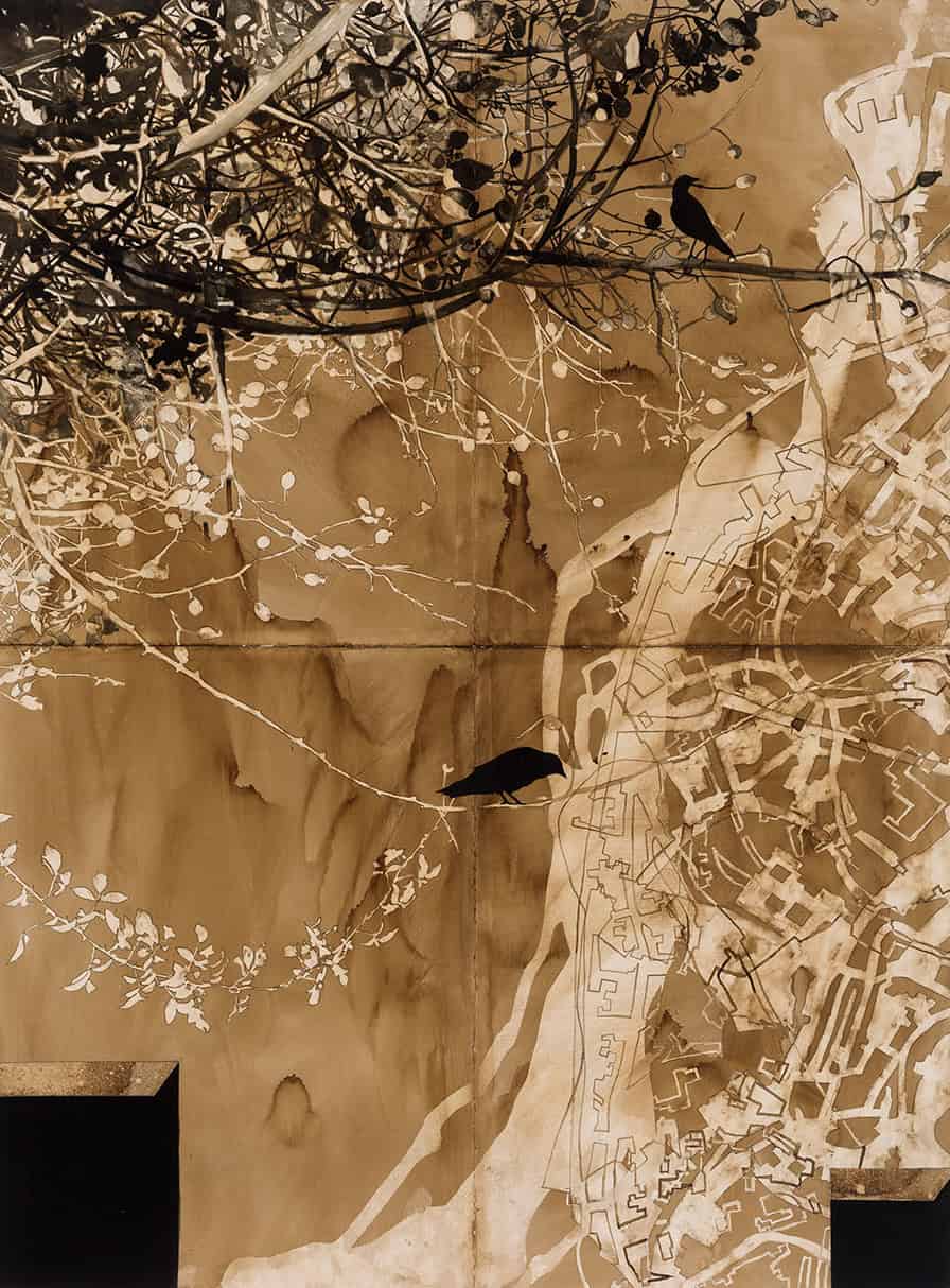 Rosehips reclaim a landscape devastated by industry in Ellen Driscoll's painting in black walnut and sumi ink. Press image courtesy of the artist