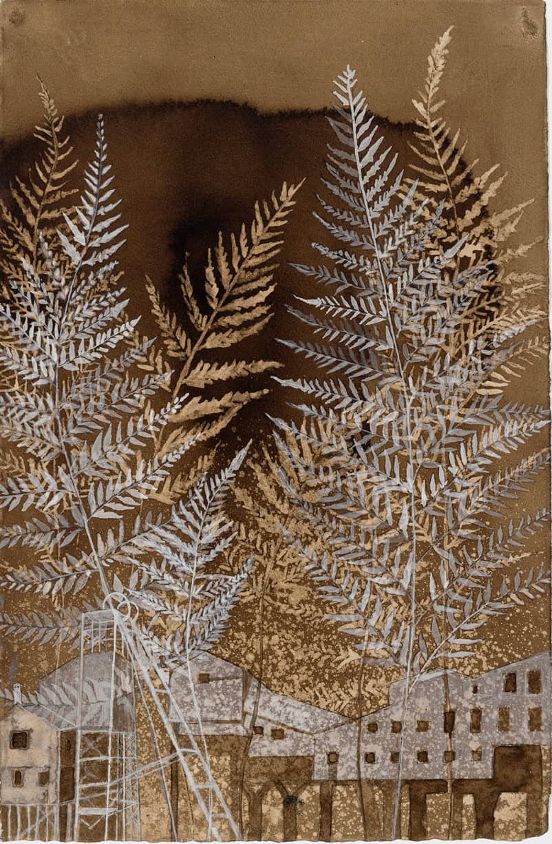 Silver fern help to counteract the effects of coal in Ellen Driscoll's painting in black walnut and sumi ink. Press image courtesy of the artist
