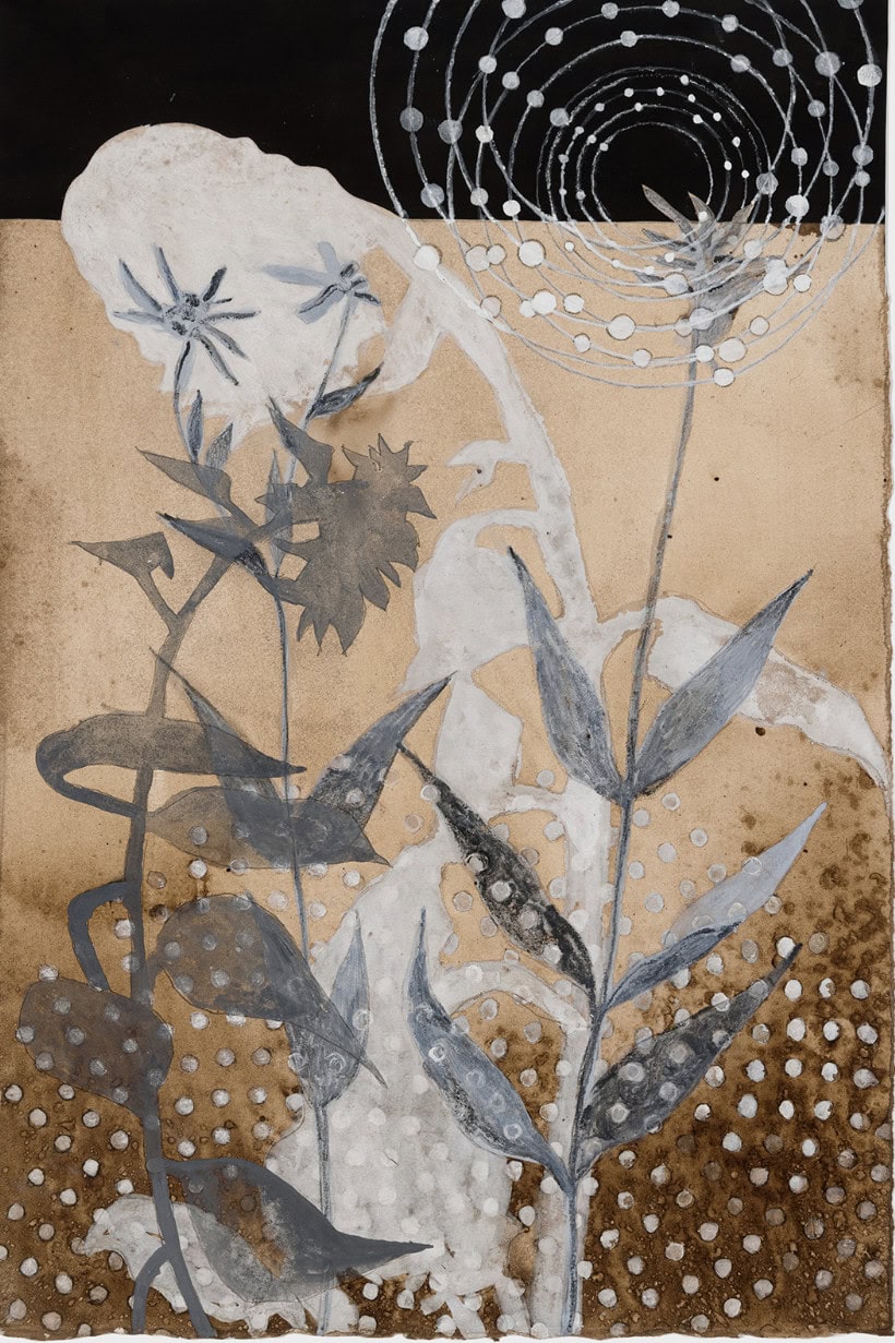 Sunflowers help to restore a landscape scarred by radiation and heavy metals at Chernobyl in Ellen Driscoll's painting in black walnut and sumi ink. Press image courtesy of the artist