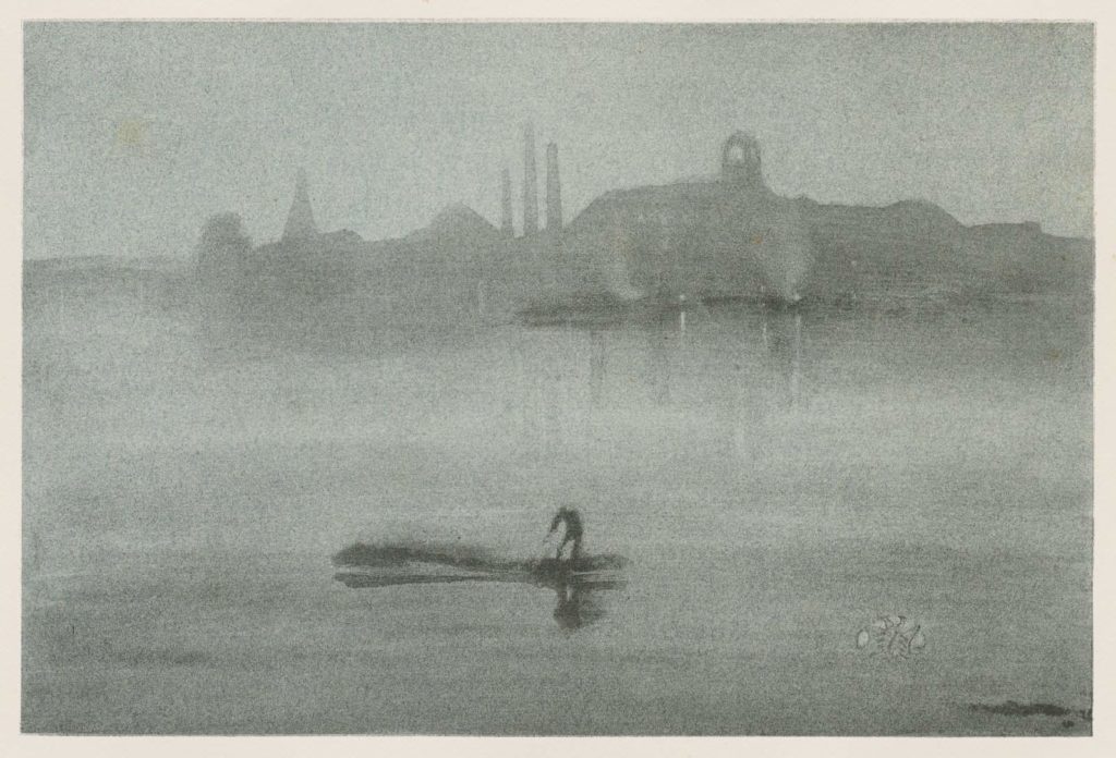 James McNeill Whistler, Nocturne: The River at Battersea, 1878, published in 1878-79 or 1887, Lithotint, on a prepared half-tint ground, in black with scraping, on blue laid chine collé, mounted on paper.
