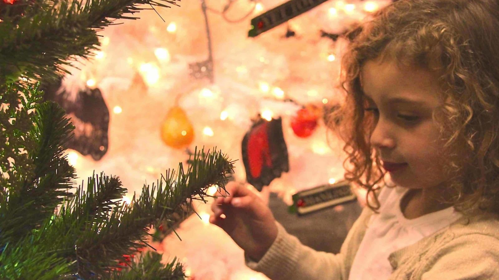 A young visitor takes a close look at the Festival of Trees at the Berkshire Museum.