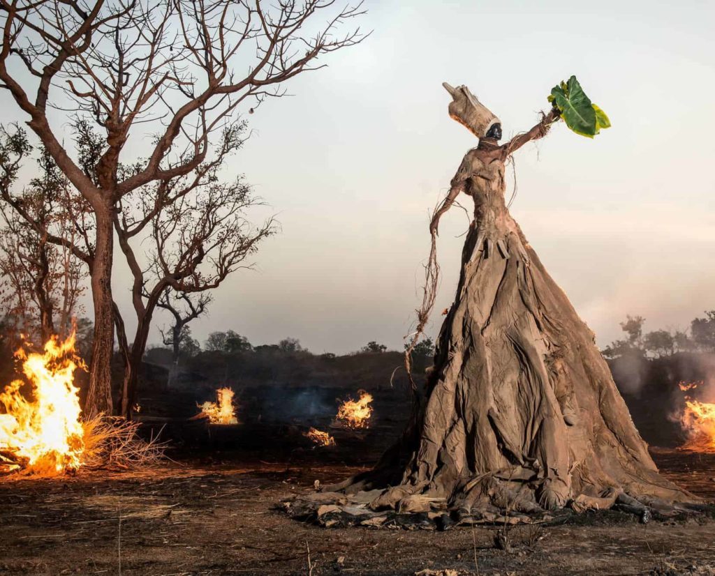 Slash-and-burn fires consume brush in photograph # 6 in the 'Prophesy' series by Fabrice Monteiro.