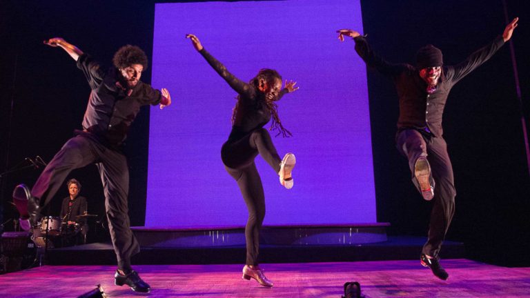 Rhythm tap master Dormeshia Sumbry-Edwards performs in 'And Still You Must Swing' with tap icons Derick K. Grant and Jason Samuels Smith. Photo courtesy of Jacob's Pillow Dance Festival