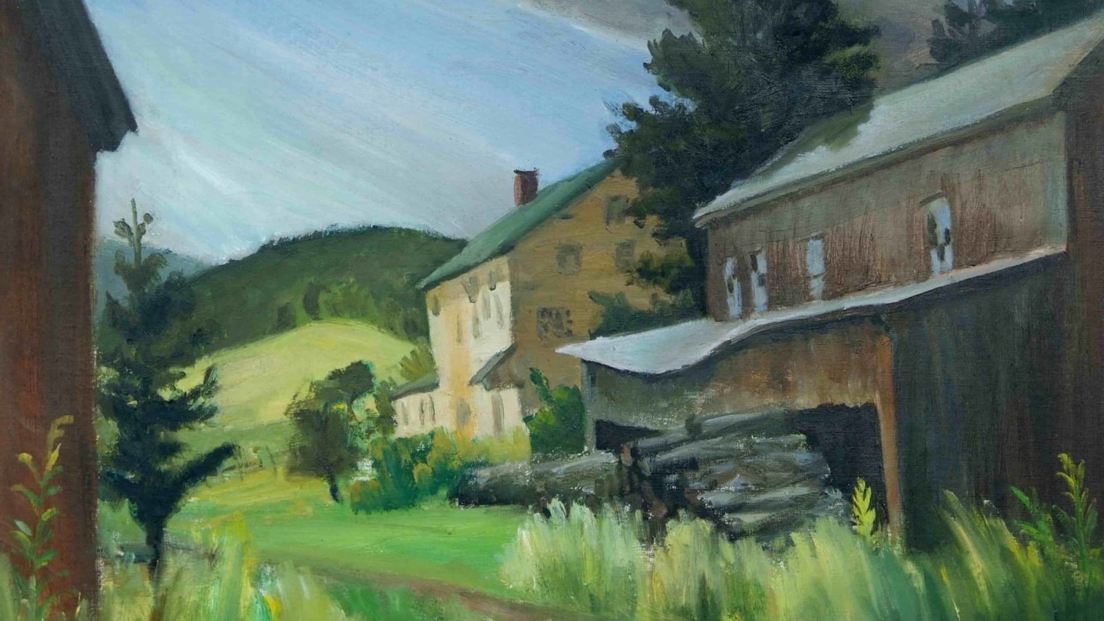 Oil painting of the woodshed and laundry buildings at Hancock Shaker Village, Pittsfield, by Carol Kinzel, courtesy of John and Sondra Talbot, San Diego, Calif.