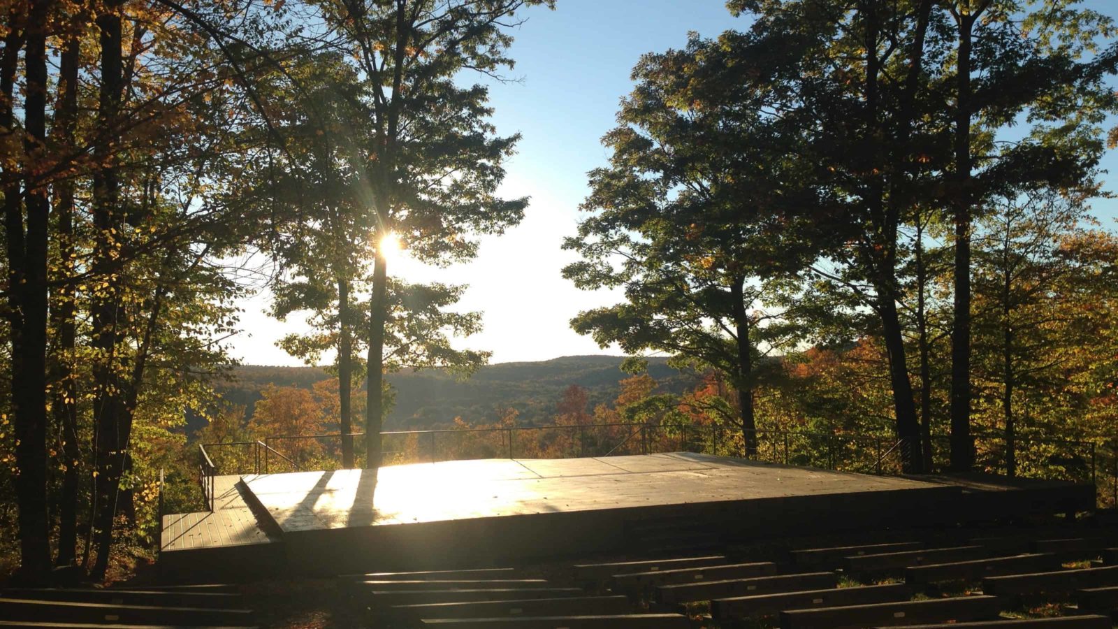 The Inside Out Stage at Jacob's Pillow gleams in the late afternoon on a crisp fall day. Photo by Kate Abbott