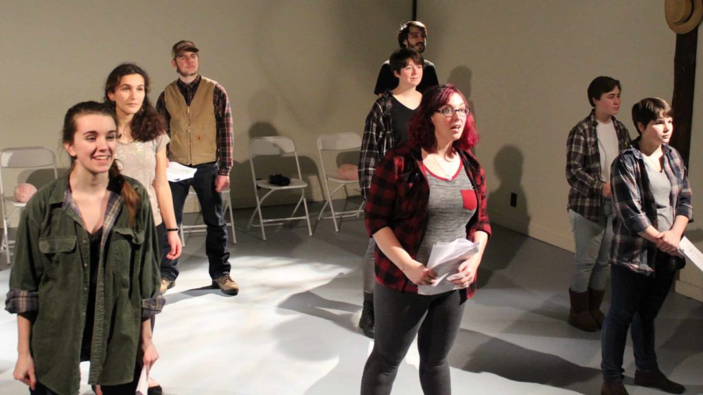 The young cast of Farming Plays rehearses at Hubbard Hallin Cambridge, N.Y.