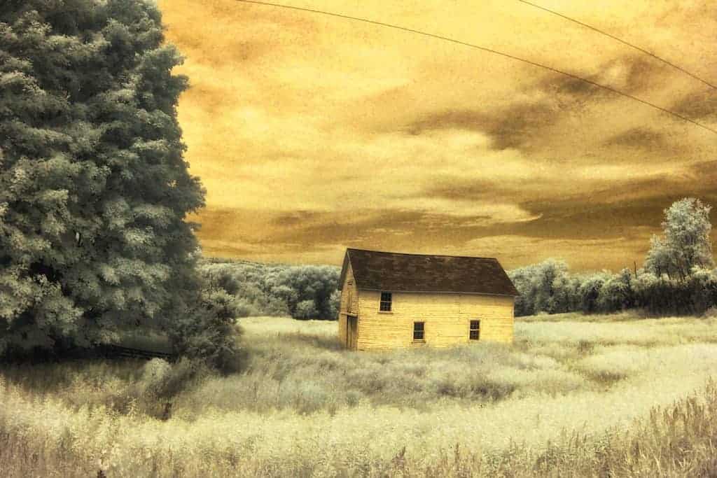 A yellow barn sits in open fields when the grass is high. Press photo courtesy of Hubbard Hall.