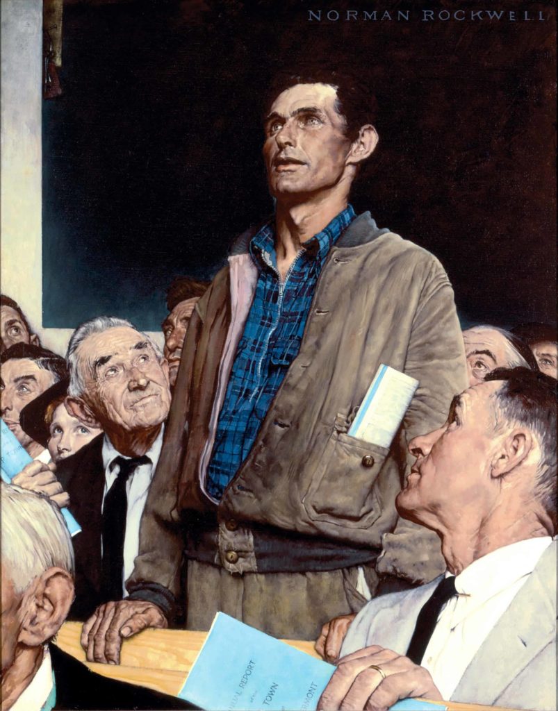 Norman Rockwell's 'Freedom of Speech' shows a local man standing up at a town meeting. Photo courtesy of the Norman Rockwell Museum