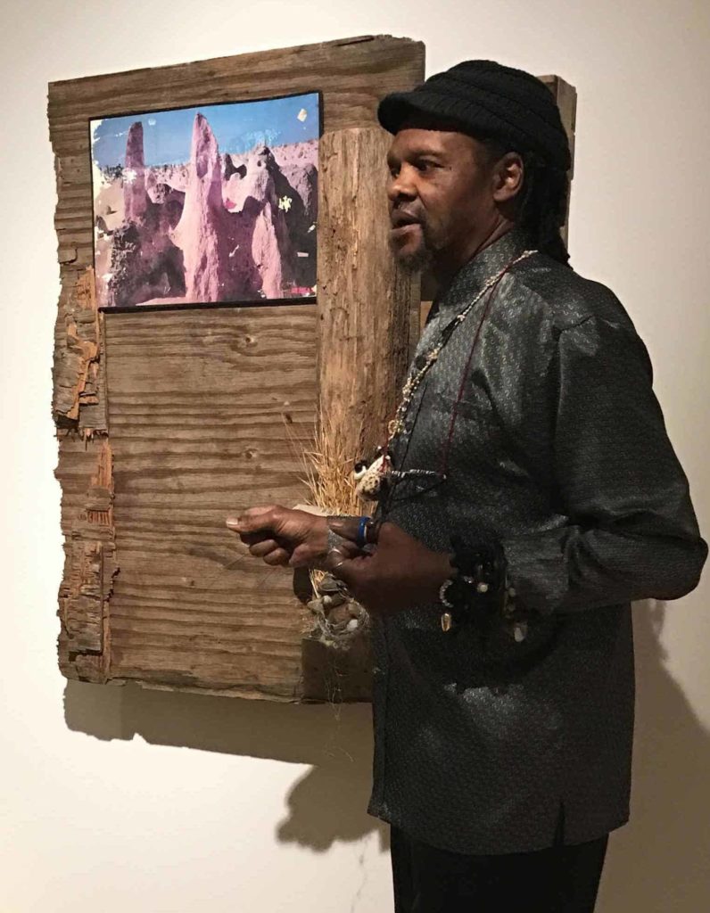 Lonnie Holley talks about his work in a collaboration with Dawn DeDeaux, Thumbs Up for the Mothership, in Mass MoCA's new Building 6. Photo by Kate Abbott