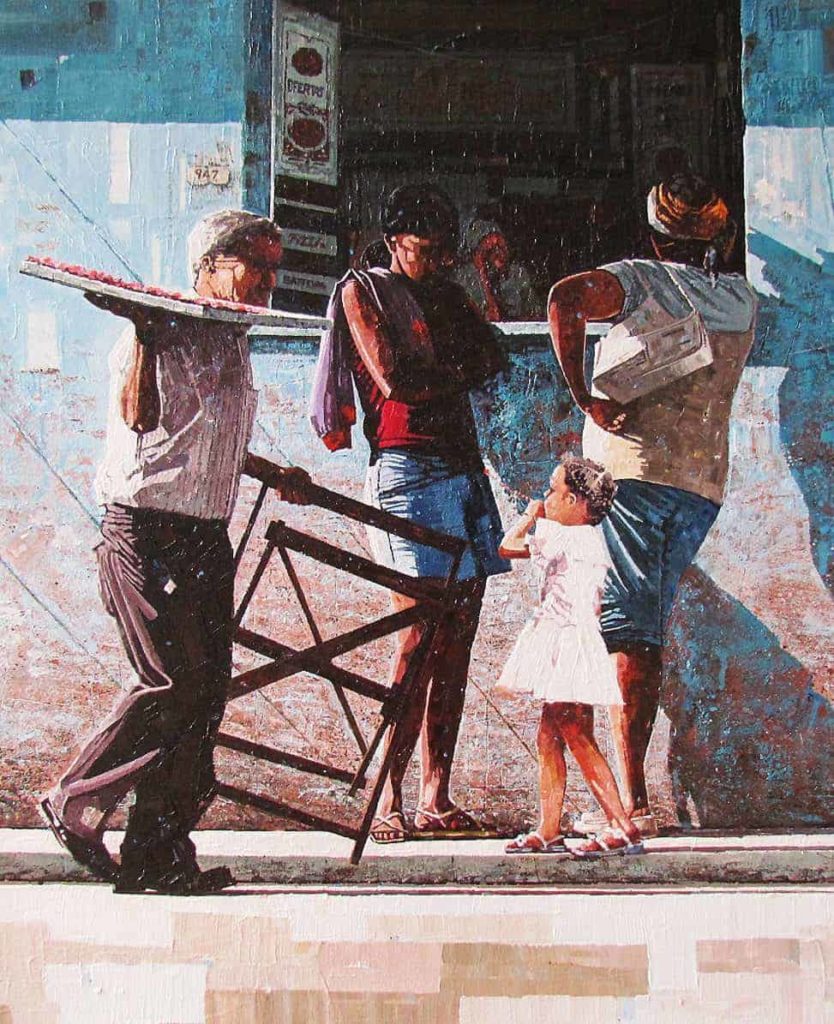 Dwight Baird lives on the border between Canada and New York State, but his heart resides in the tropics. Baird’s current series of paintings shows the people of Cuba. These sun-drenched works move through the backstreets of Havana, with old men playing dominos and rolling cigars, women swaying to a Latin beat in mysterious doorways and vintage cars rolling slowly down the road. Photo courtesy of Paradise City Arts Festival in Northampton