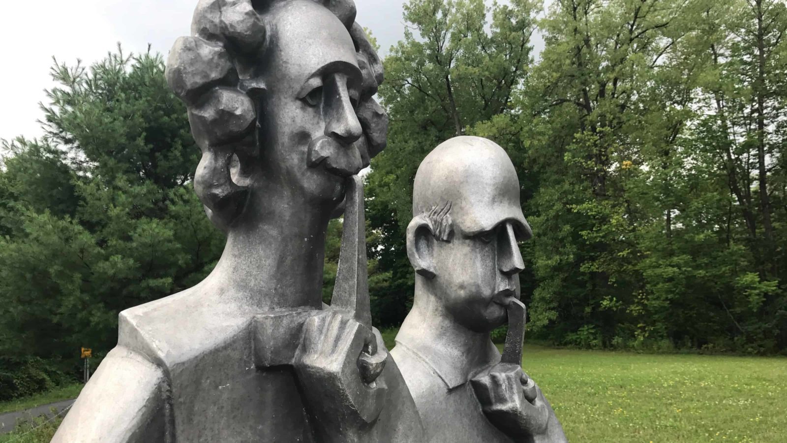Vladimir Lemport's sculpture of Albert Einstein and Niels Bohr greets visitors to Turn Park.