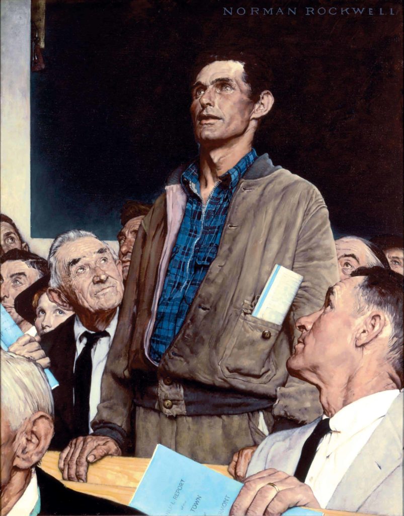 Norman Rockwell's Freedom of Speech contrasts with Andy Warhol's two-toned work.