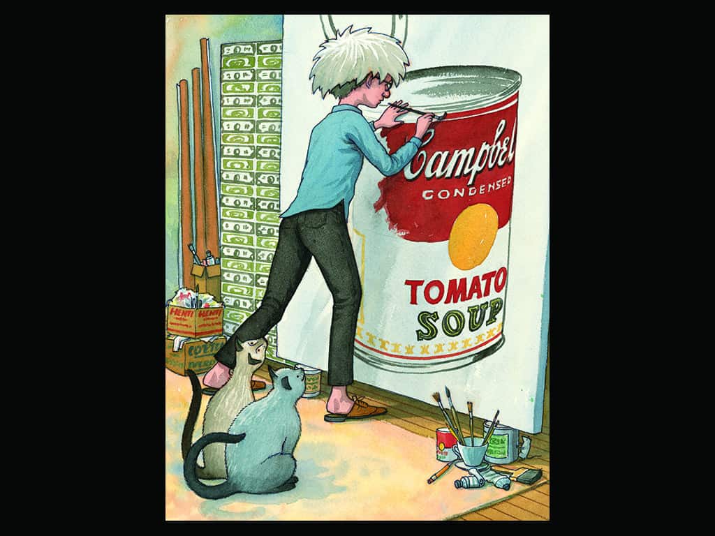 James Warhola's illustration shows his Uncle andy painting soup cans in an exhibit of the ilustrator's work at the Norman Rockwell Museum.