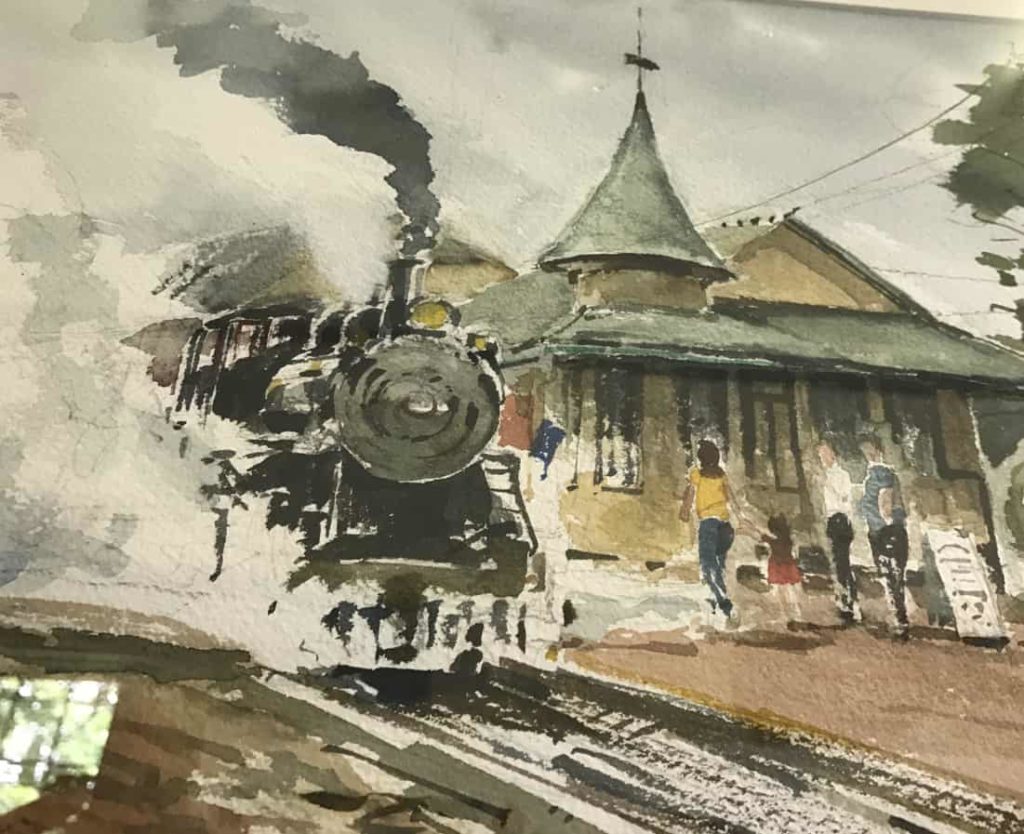 Adrian Holmes' watercolor 'No. 6 Train' appears at the Richmond-West Stockbridge Artist Guild exhibit at the 1854 Old Town Hall in West Stockbridge.