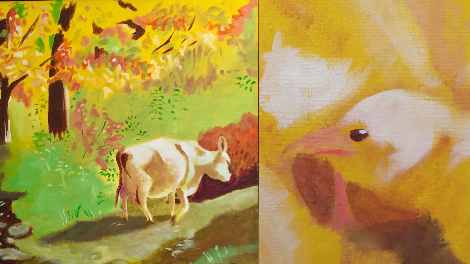 Susan Merrill's paintings of chicks and cows in a late summer field appeared in an exhibit at Hancock Shaker Village in 2016.
