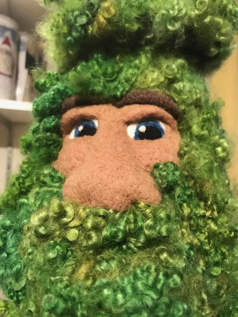 An amiable giant with a flowing green beard has an Entish feel in aGoing Gnome wool sculpture.