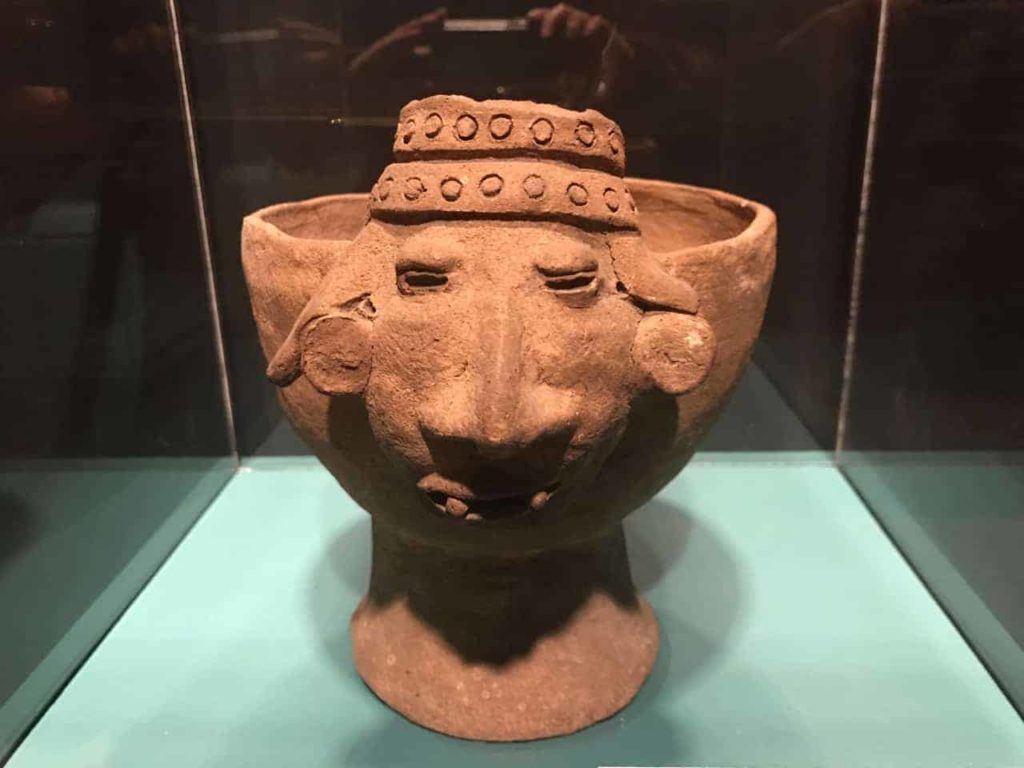 A female deity appears on a 200-year-old incense burner. The Lacadon, a Maya people, still male ceramic vases like this one. They live in the Peten lowlands of Chiapas and Guatemala. Photo by Kate Abbott