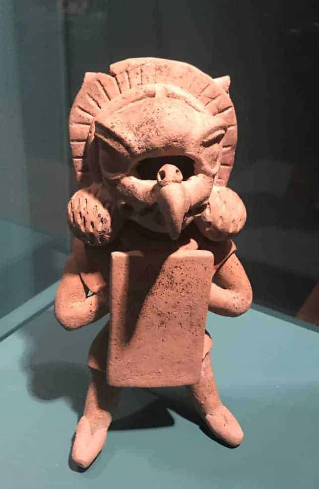 This bird-headed warrior from central Veracruz is a ceramic whistle from 150 to 400 CE. Soldiers may have played whistles like these on the way to battle. On loan from Yale University Art Gallery. Photo by Kate Abbott