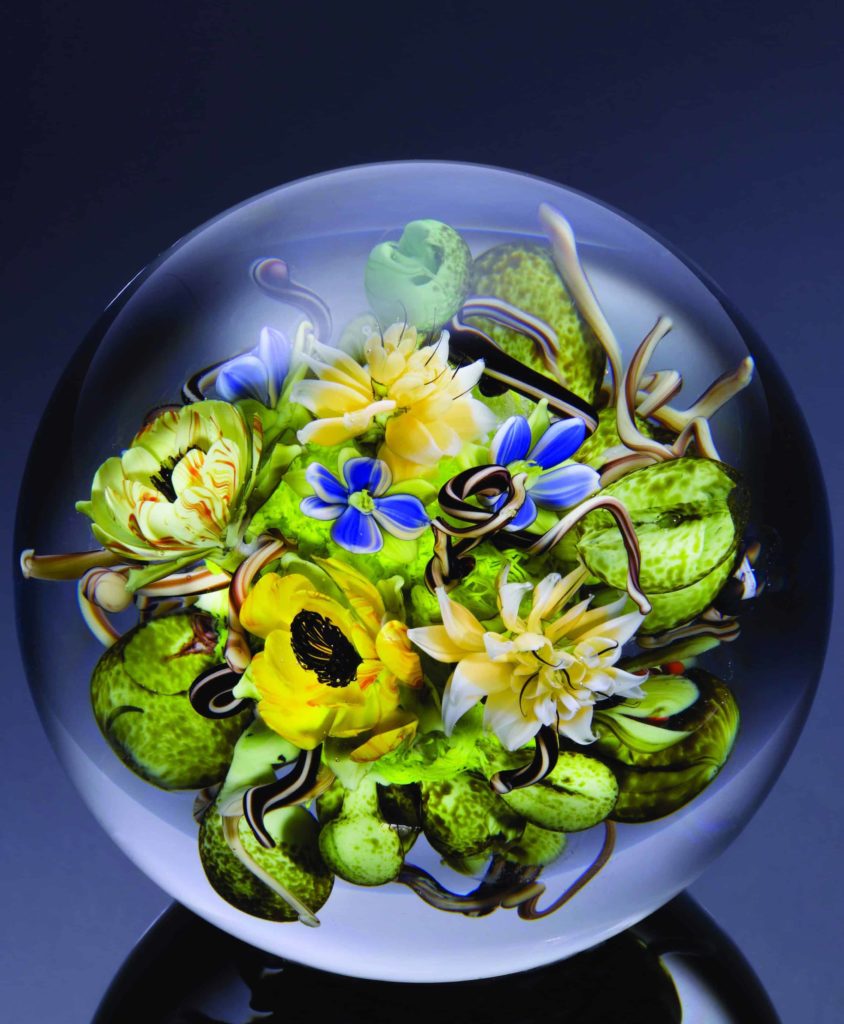Glass flowers float in Paul Stankard's glass sculpture, Meditation in Ralph Waldo Emerson's Garden, 2016.