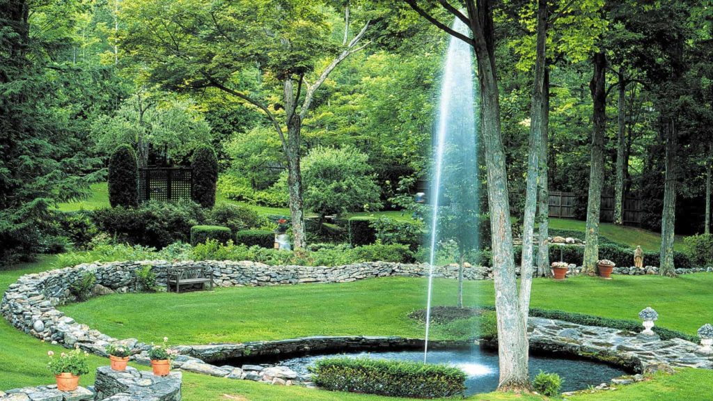 A fountain still plays in the gardens where the Gilded Age estate of Ashintully once stood.