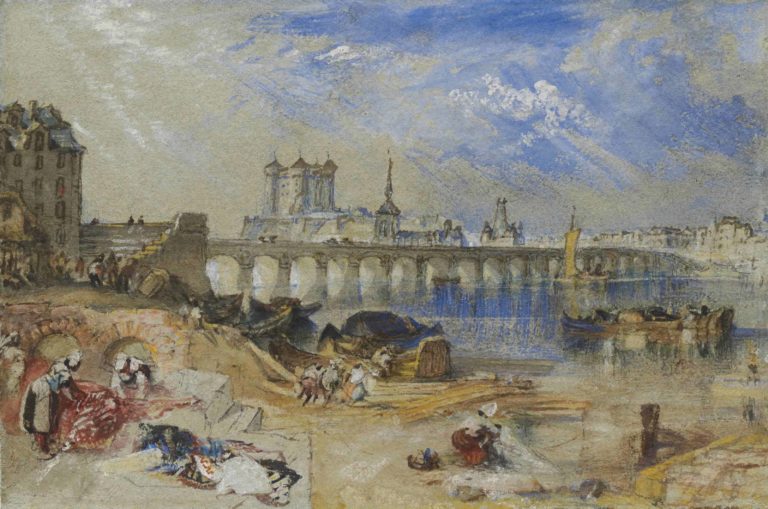 Joseph Mallord William Turner (English, 1775–1851), Saumur from the Île d'Offart, with the Pont Cessart and the Château in the Distance, c. 1830.