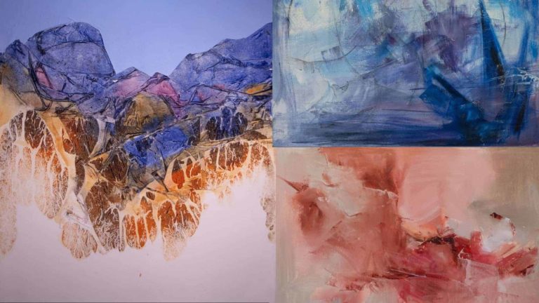 Winter and other paintings by Patricia Hogan, a landscape in oils, and works in oils and Venetian plaster by Marcelene I. Mosca, appeared at Good Purpose Gallery in Lee.