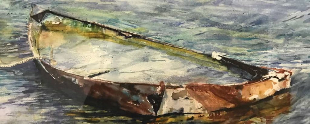 'Abandonned' by Carol Kelly, a roaboat drifting in watercolor, appears at a group show by the Guild of Berkshire Artists.