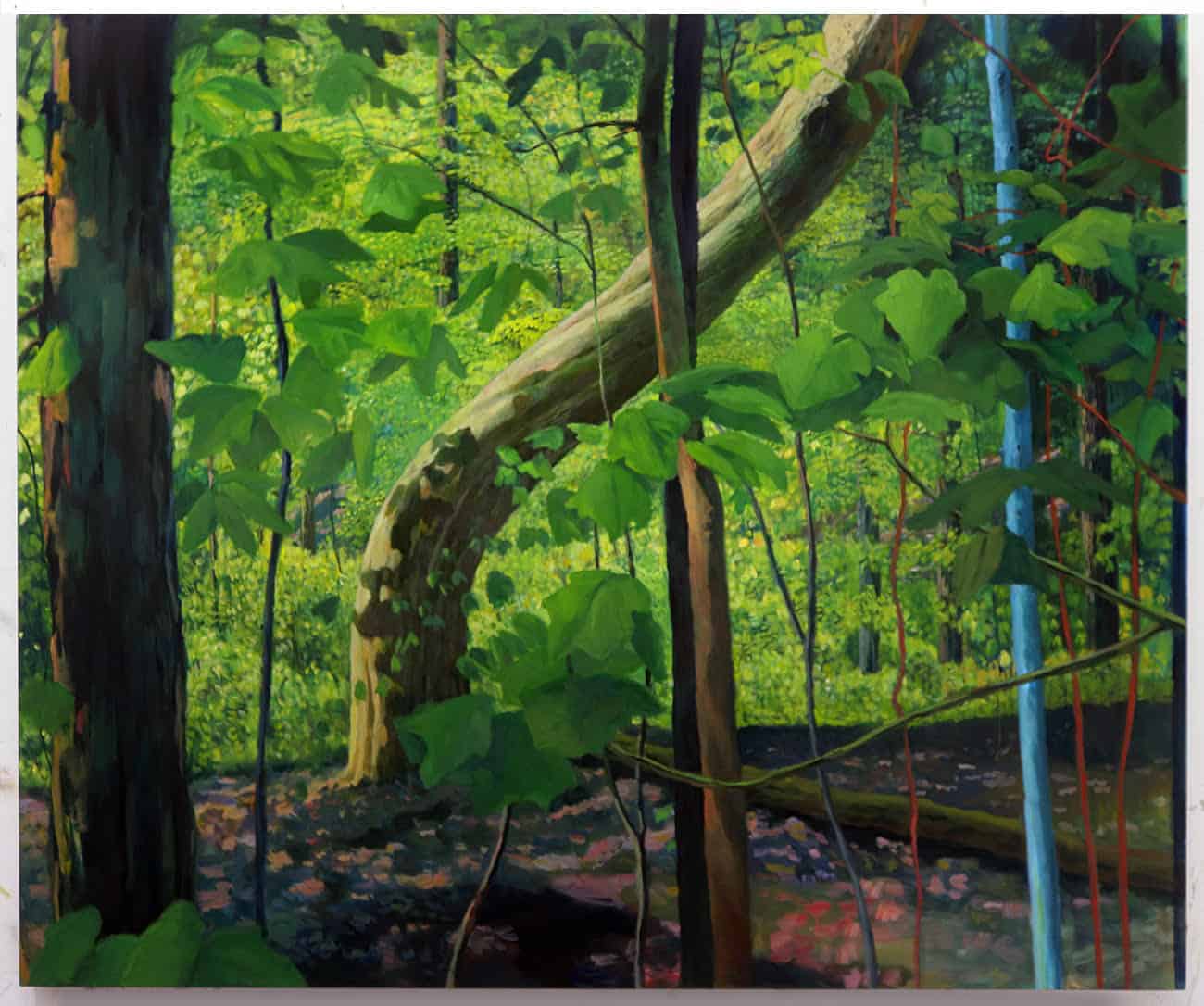 Trees angle toward the sun in dappled shade in 'Bend,' oil on canvas, in the Ecophilia exhibit at the Berkshire Botanical Garden.