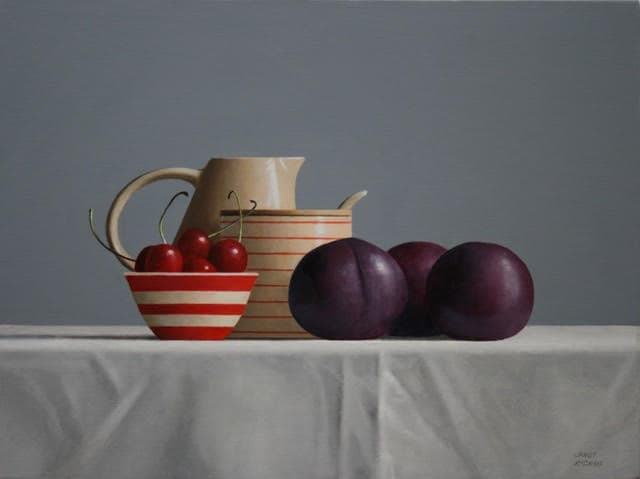 Fruit and ceramics share a spare table in 'Plums and Cherries' still life in oil on canvas in the Ecophilia exhibit at the Berkshire Botanical Garden.