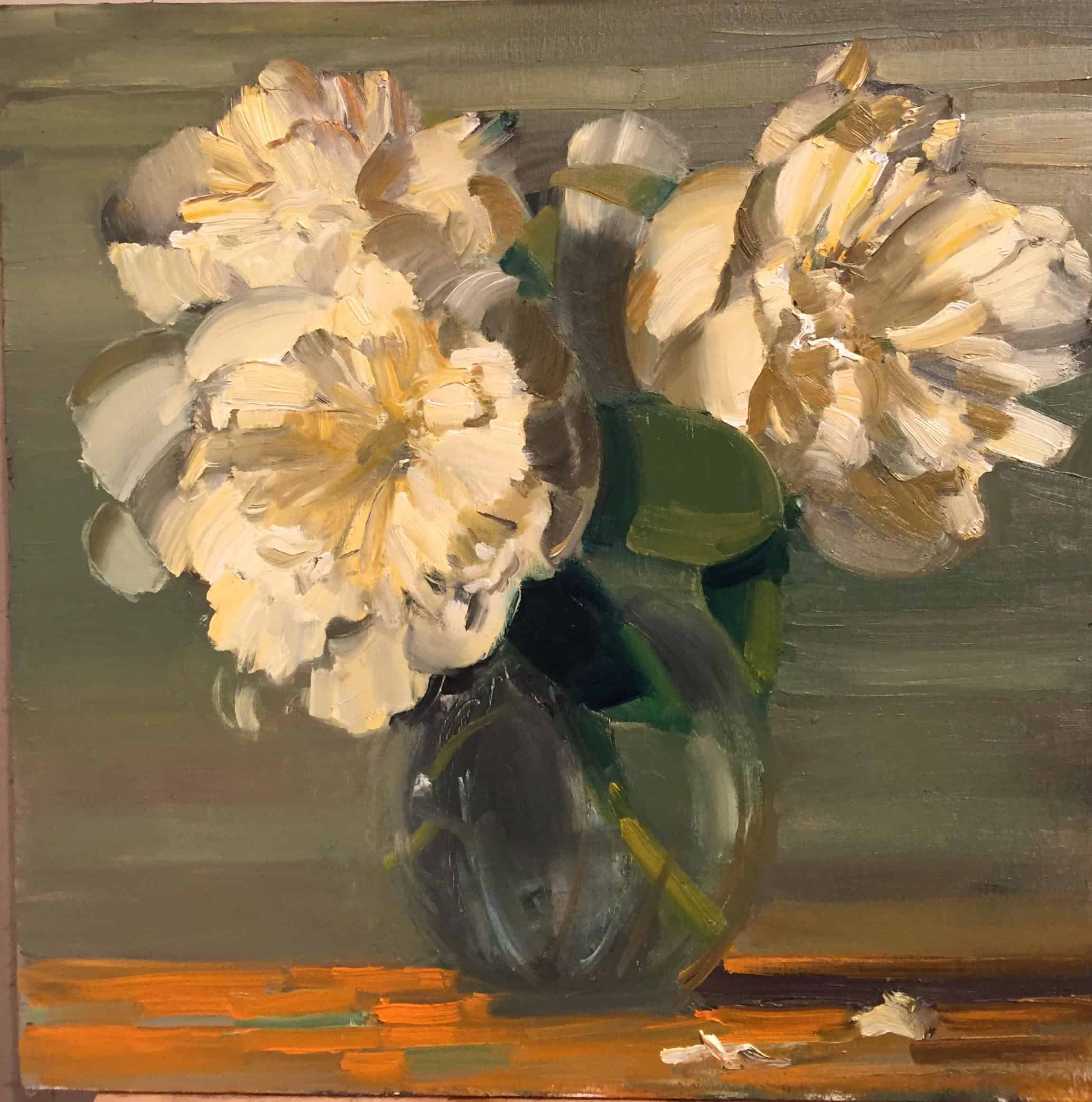 'White Peonies' open in a vase in oil on panel, in the Ecophilia exhibit at the Berkshire Botanical Garden.