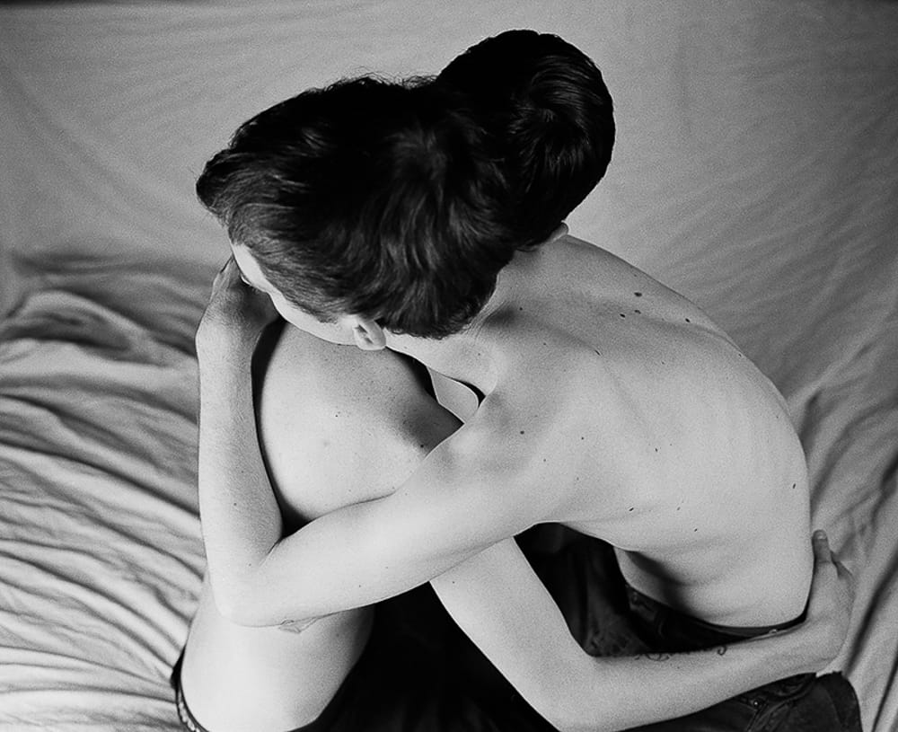 Two young people hold each other in Shawn Rowe's Untitled from the V series, 2017, in the Spectrum exhibit at MCLA's Gallery 51 in North Adams.