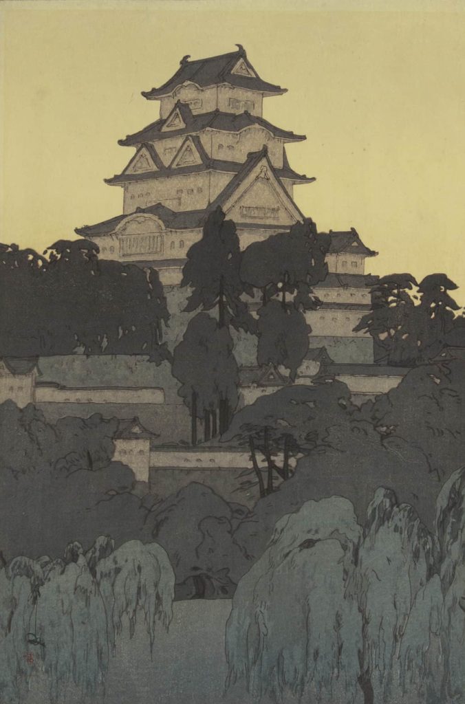 Yoshida Hiroshi, 1876-1950, created this image of Himeji Castle, 1926. The castle was first built in 1333 and rebuilt between 1601 and 1609. Courtesy of the Hyde Collection and the University of Syracuse