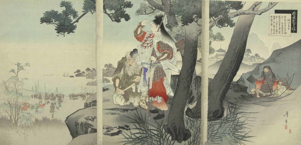 Toshiaki Nakazawa, (1864 – 1921), Empress Jingu Invading Korea, c. 1897: According to the Hyde Collection, several Japanese legends tell of the Empress Jingu, who ruled in 201 CE and was absent from Japan for three years while she conquered a promised land, which the country later traditionally identified as Korea. Courtesy of the Hyde Collection and the University of Syracuse